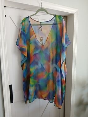BECCA Multicolor Sheer V-Neck Swim Coverup - Blue, Green, Orange, Purple